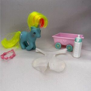 Vintage G1 My Little Pony BABY RIBBON 1986 Sleep Eyes with Accessories Wagon